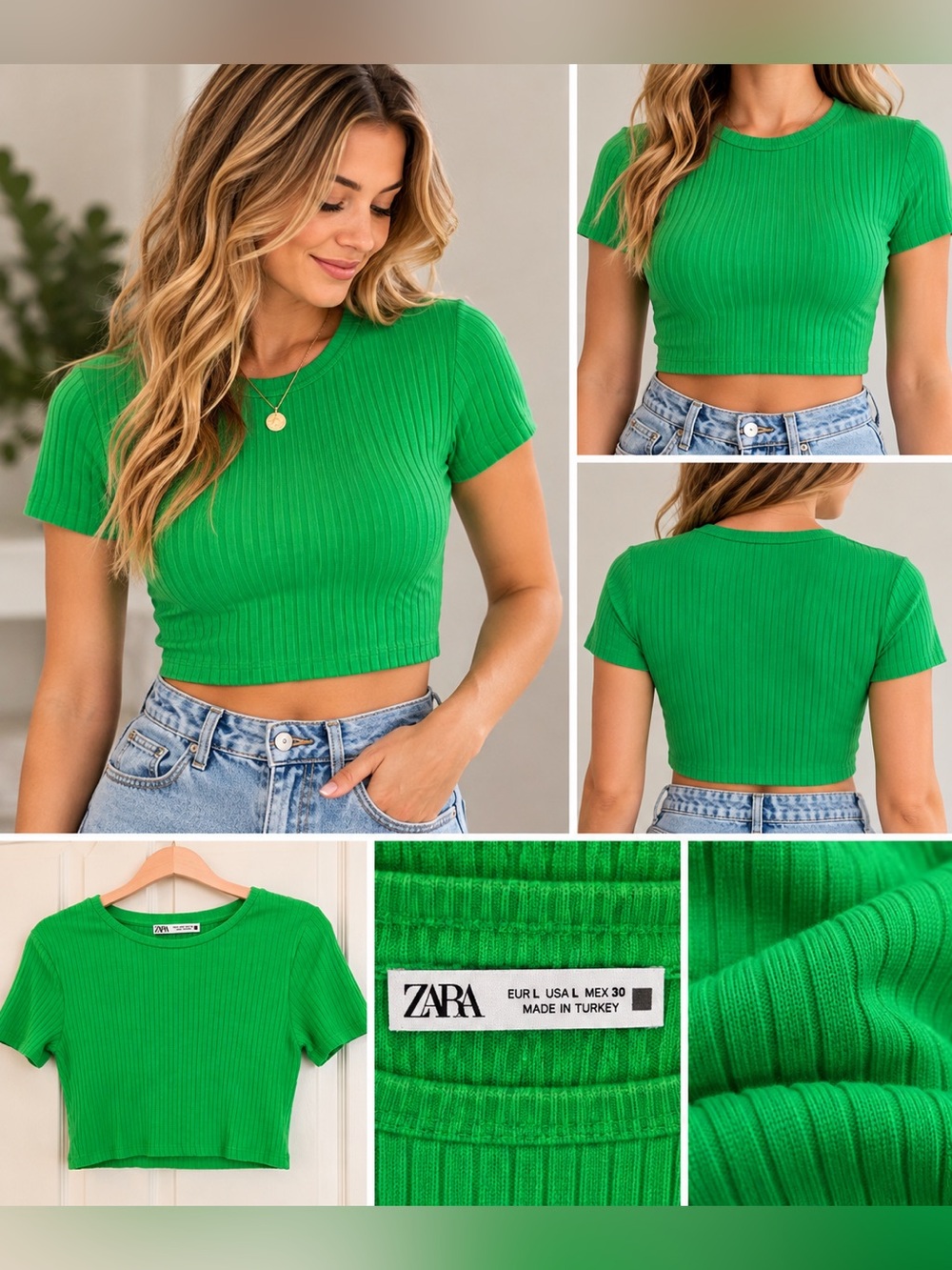 ZARA Kelly Green Ribbed Crop Top Short Sleeve Fitted Tee Size L